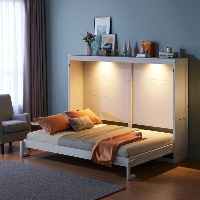 Modern Queen Size Murphy Bed with LED Lights, Wall Bed Cabinet with Wooden Slats, Space-Saving Foldable Design
