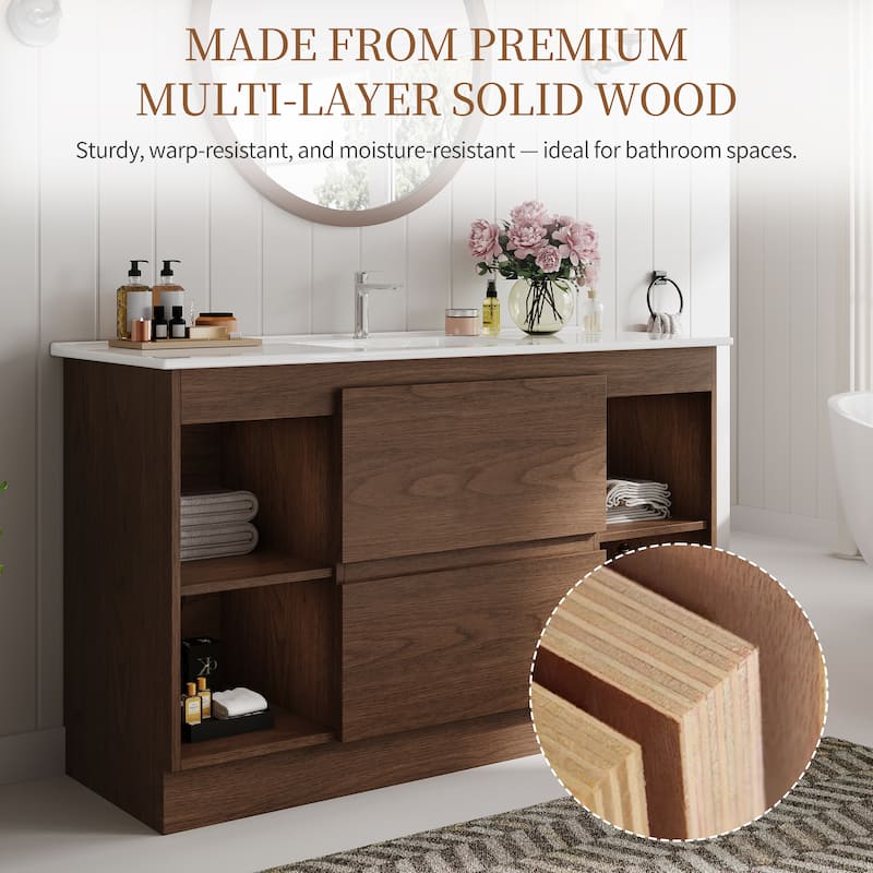 47"Mid Century Single Bathroom Vanities with Sink, White Vanities with 2 Drawers and 4 Shelves