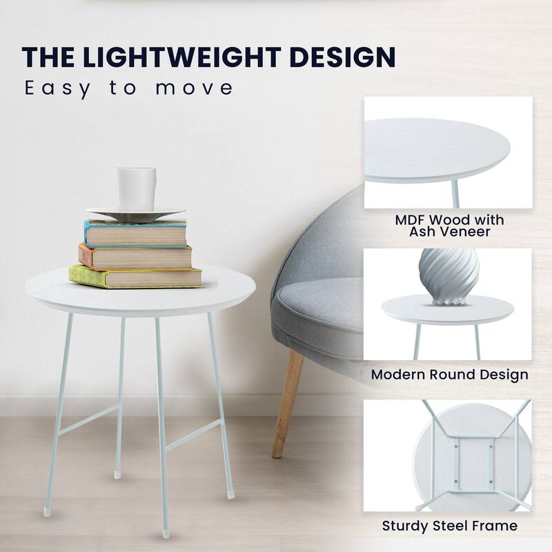 Rossmore Modern MDF Round Ash Wood Veneer Tabletop Side Accent Table with White Stainless Steel Frame for Home or Office