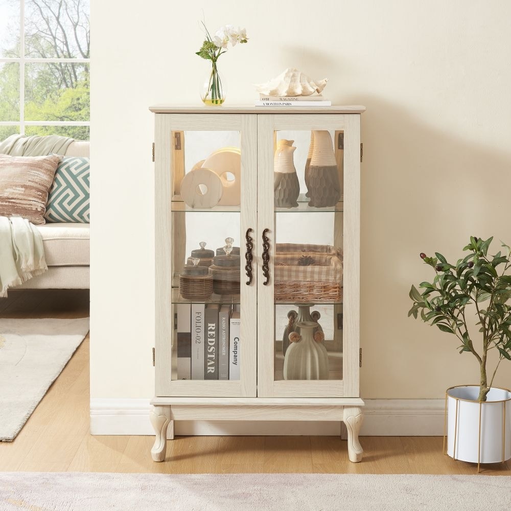 Vintage Lighted Display Cabinet with 2 Tempered Glass Doors and Adjustable Shelves