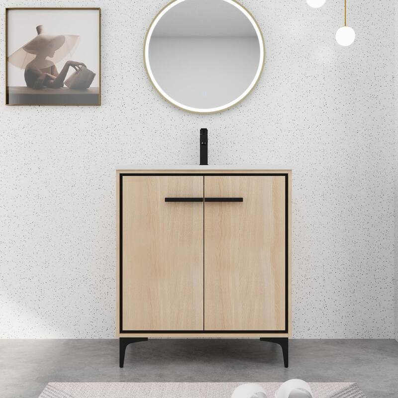 BNK 24/30 inch Freestanding Single Sink Bathroom Vanity with Soft Close Door and 1 Adjustable Shelf - 30''W - Beige