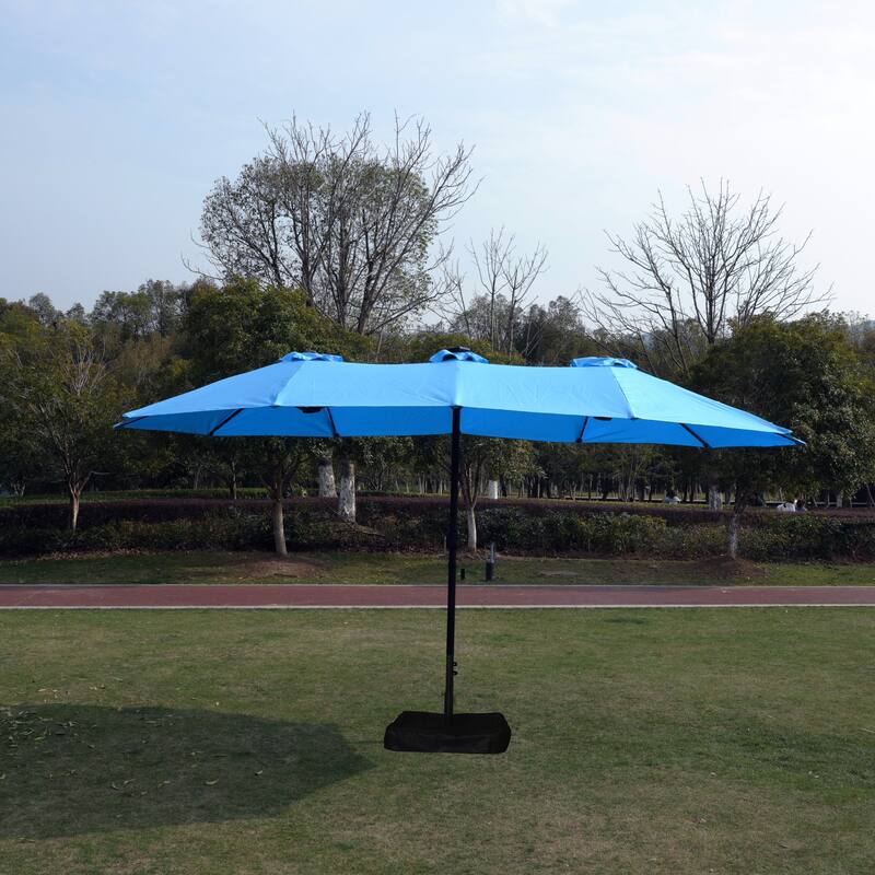 15x9 ft Large Double-Sided Rectangular Outdoor Twin Patio Market Umbrella with light and base- blue