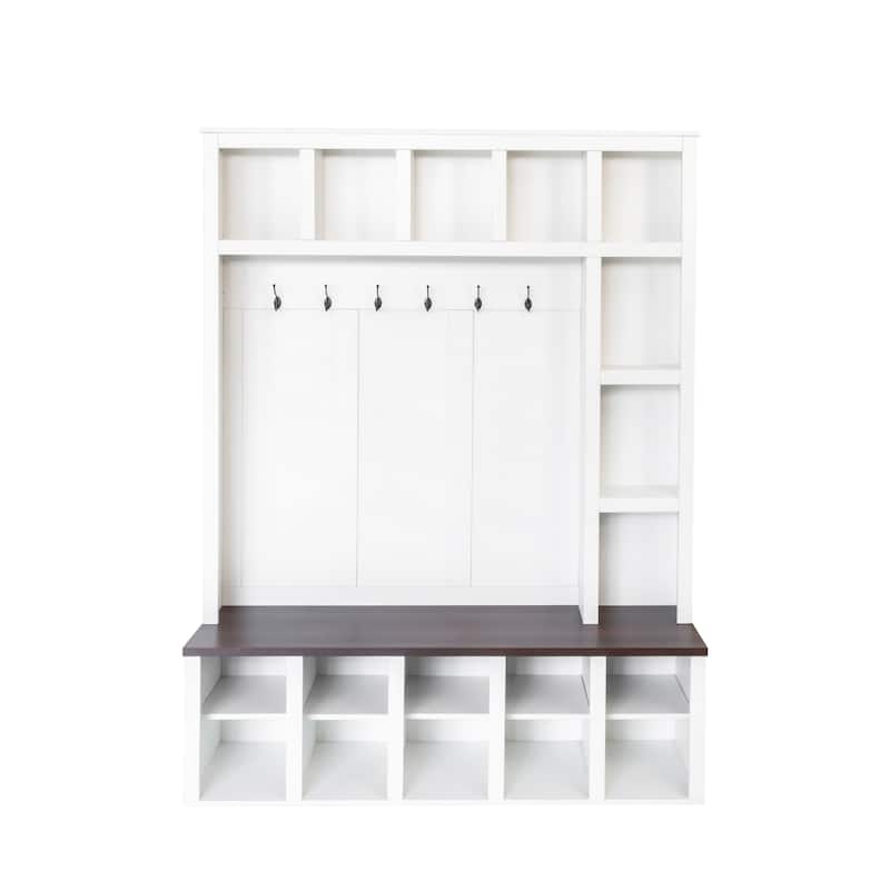 Farmhouse Wooden Style 4-in-1 Hall Tree with Storage Bench and Shoe Cubbies - 59" W × 15.7" D × 76.7" H