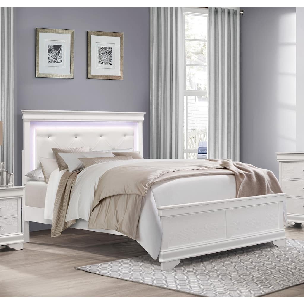 LED Upholstered Bed White Finish Glam Style