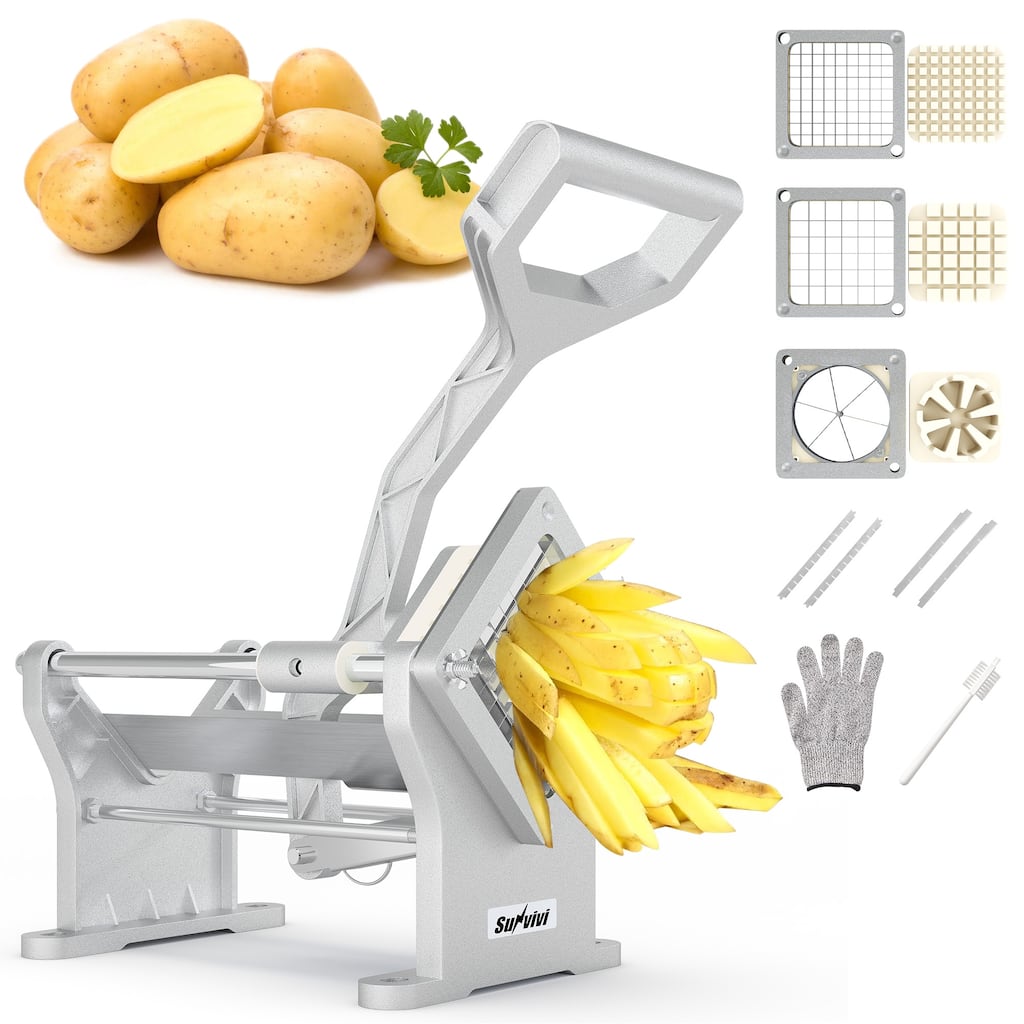 French Fry Cutter with 1/2 Inch and 3/8 Inch Blades, 6-wedge Slicer, Stainless Steel