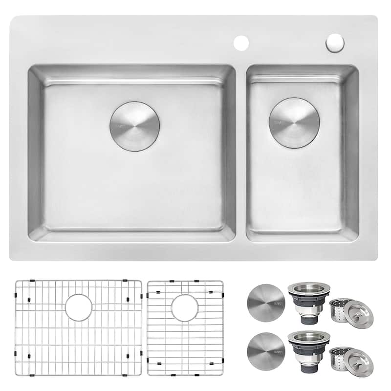 Ruvati 33 x 22 inch Drop-in Topmount Kitchen Sink 16 Gauge Stainless Steel 70/30 Double Bowl - RVM5173 - 8' x 11'