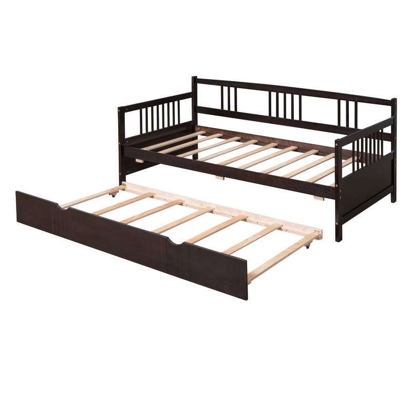 Twin Size Pine Wood Daybed with Twin Size Trundle Bed and Wood Slats ...