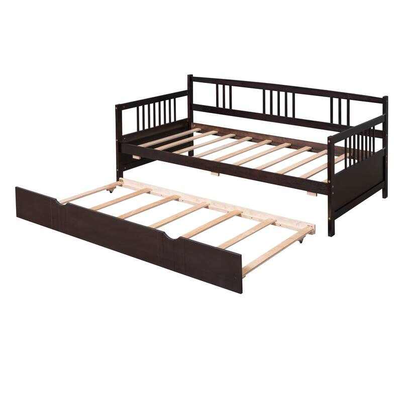 Twin Size Wood Daybed with Trundle, Espresso Finish, Space-Saving Design