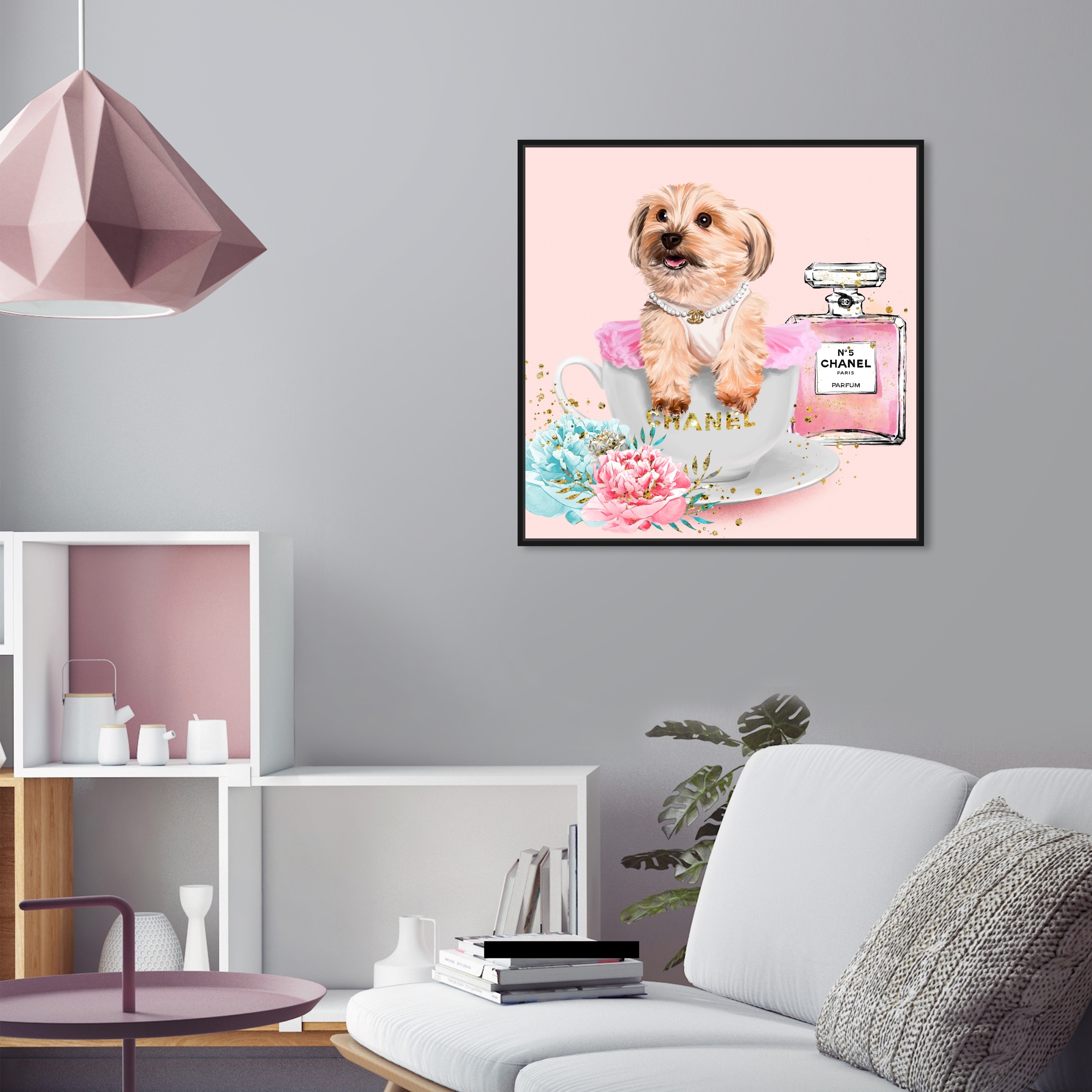 Oliver Gal 'Teacup Puppy and Perfume' Fashion and Glam Wall Art Framed  Canvas Print Perfumes - Pink, Blue - Bed Bath & Beyond - 32482031