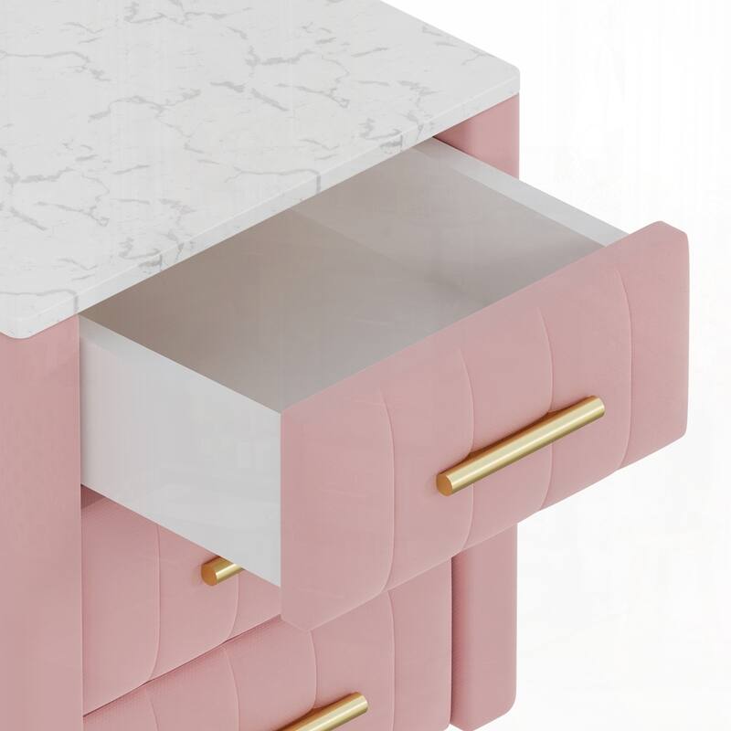 Upholstered Wooden Nightstand with 3 Drawers and Metal Legs&Handles