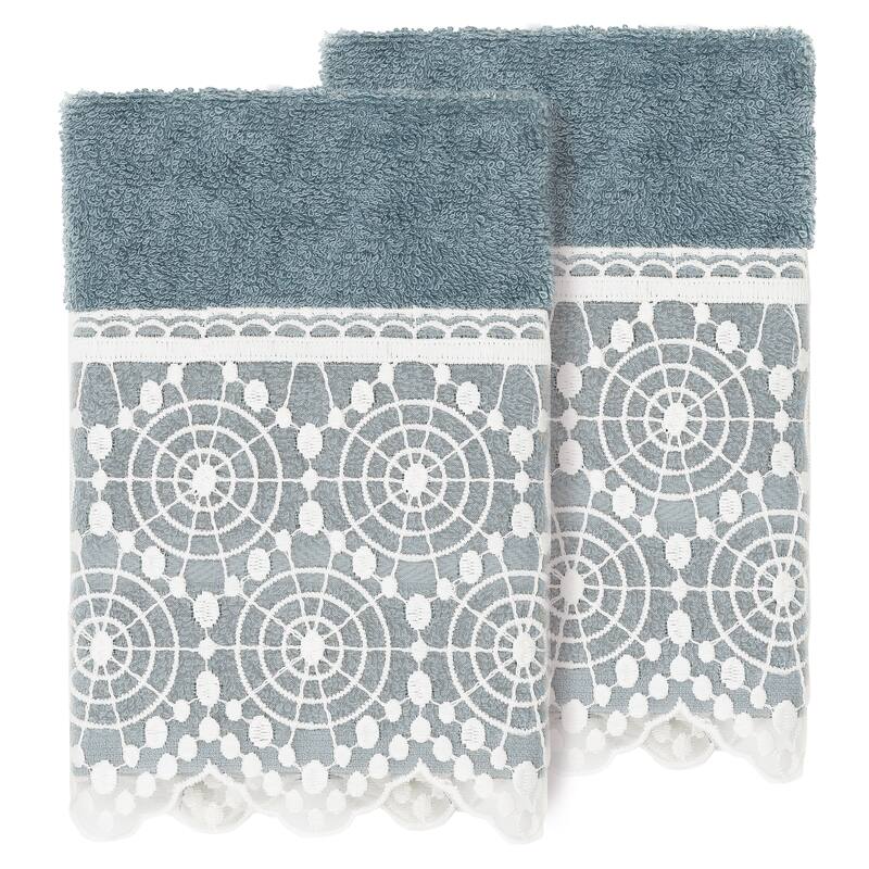 Authentic Hotel and Spa 100% Turkish Cotton Arian 2PC Cream Lace Embellished Washcloth Set - Teal