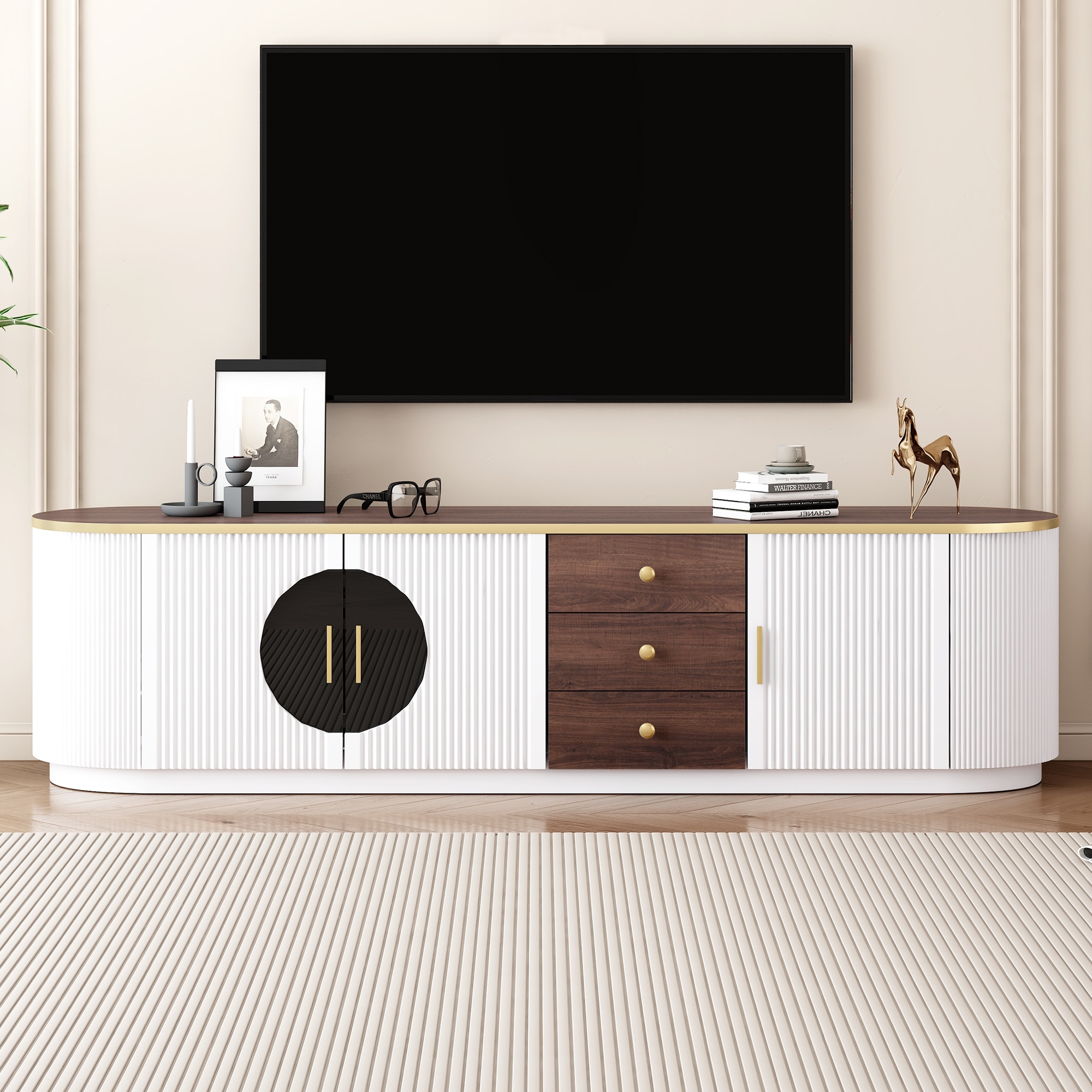 Minimalist TV Stand Curved Entertainment Center with 3 Drawers and 1 Shelf