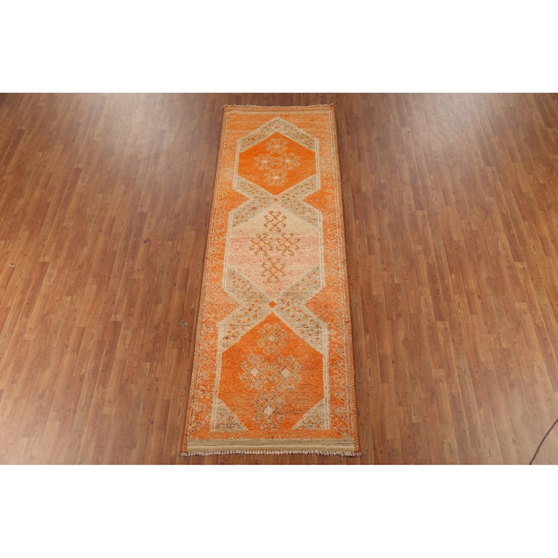 Orange Oushak Vintage Runner Rug Handmade Oriental Wool Carpet - 3'6"x 10'4"