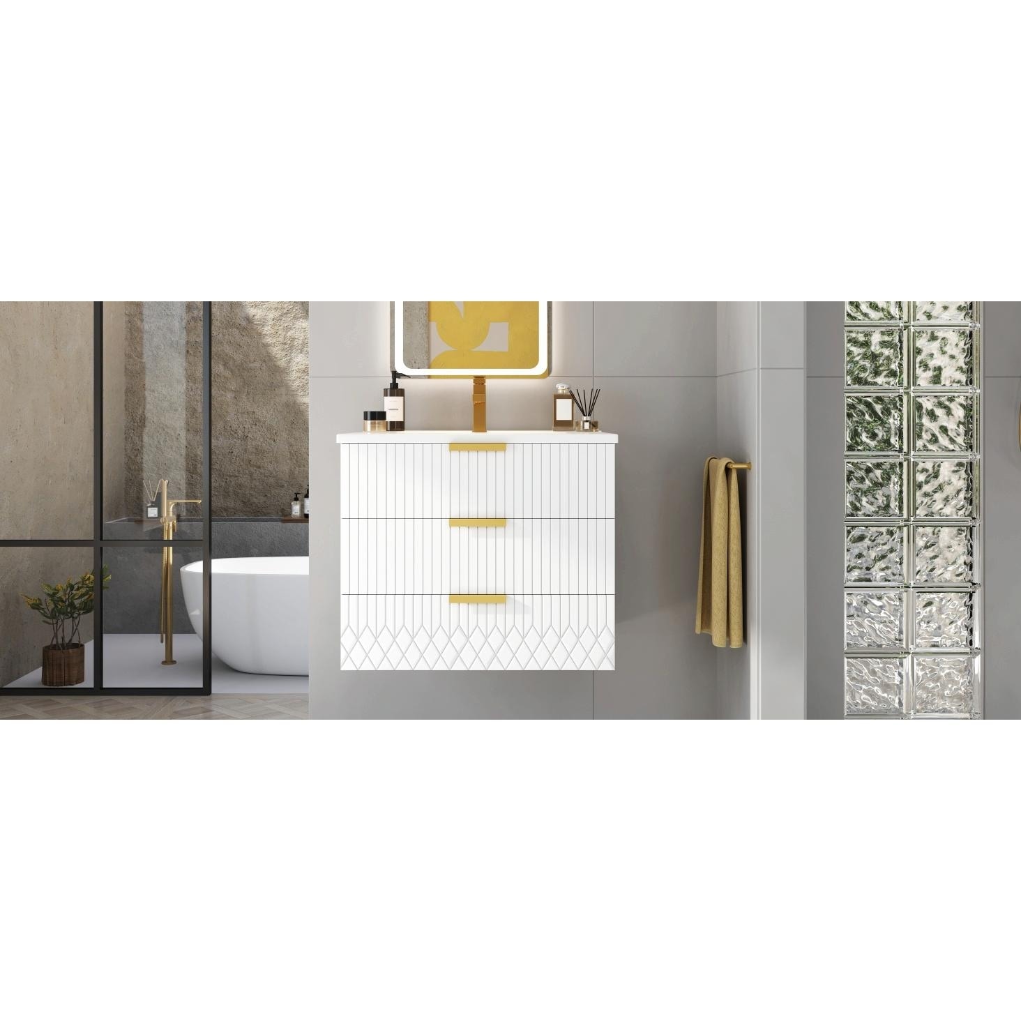 24-inch Wall-Mounted Floating Cabinet with Double Drawer, Rectangular Vanity Sink