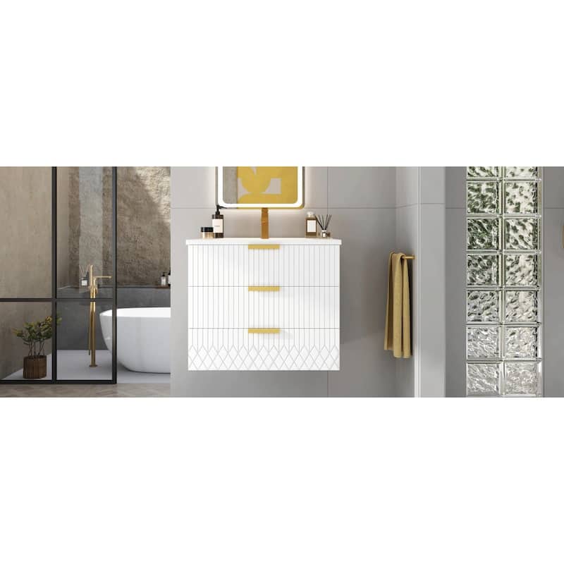 24-inch Wall-Mounted Floating Cabinet with Double Drawer, Rectangular Vanity Sink - White