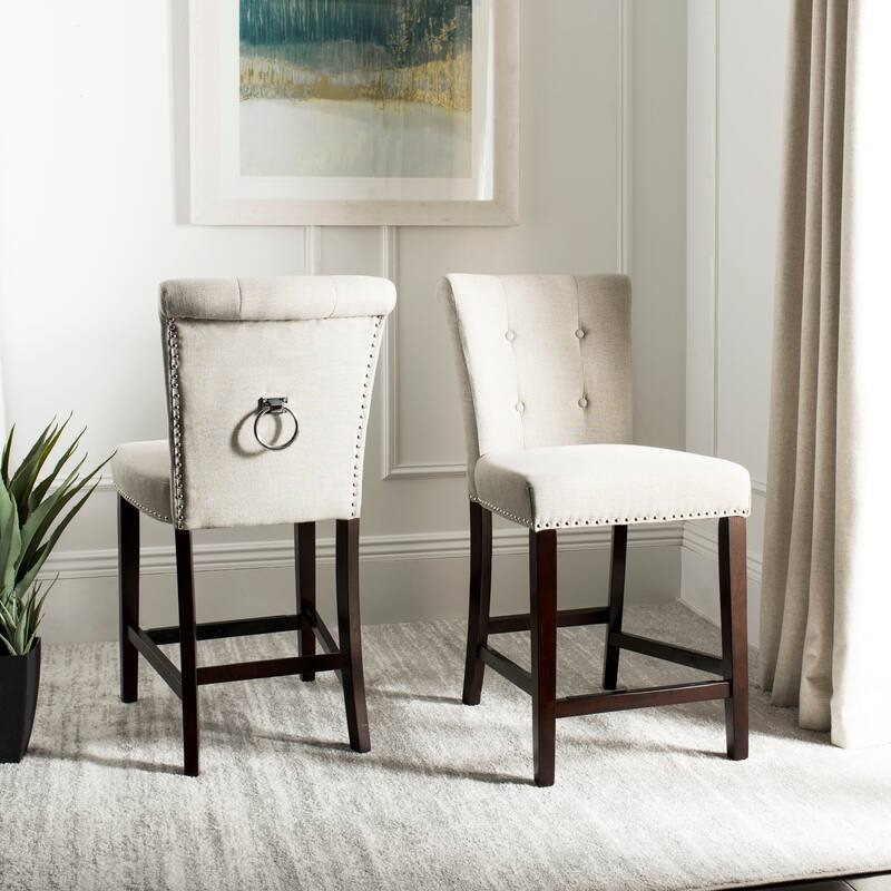 SAFAVIEH Maruse 26-inch Tufted Counter Stool (Set of 2) - 20" x 26.5" x 40.5" - 20Wx27Dx41H - Light Grey/Chrome Nh+Ring/Espresso