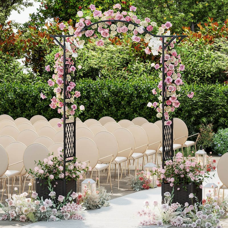 Costway 82”L x 99”H Garden Arch Trellis with 2 Self-watering Planter - See Details - Black - See Details