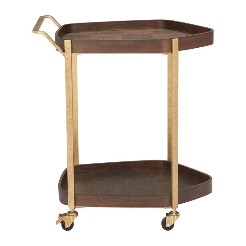HomeRoots 27" Walnut And Brass Wood and Steel Rolling Bar Cart - 27.00 in. x 26.80 in. x 18.00 in.