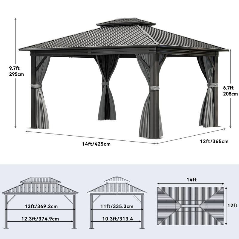 2-Tier Galvanized Aluminum Hardtop Canopy Gazebo with Netting and Curtains