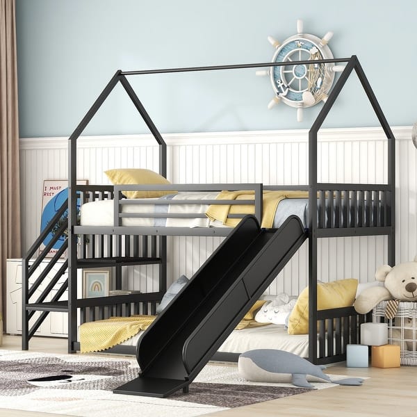 slide 2 of 13, Convertible Twin over Twin Metal House Bunk Kids Bed with Slide,Full-length Guardrail and Storage Staircase Black