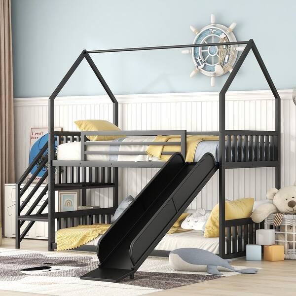 slide 2 of 13, Twin Size Metal Bunk Bed with Slide and Convertible Staircase, House-Shaped Design Black