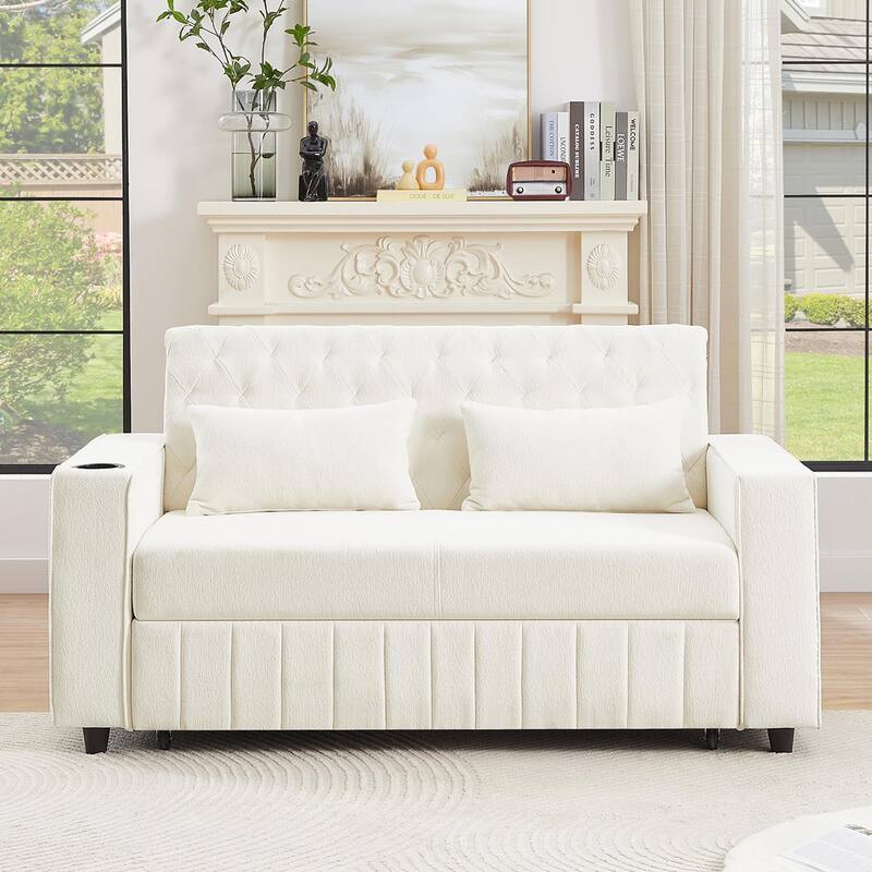 Chenille Pull-out Sofa Bed Convertible Couch, Loveseat Sofa with Adjustable Backrest, Storage Rack, Cup Holders, USB Ports