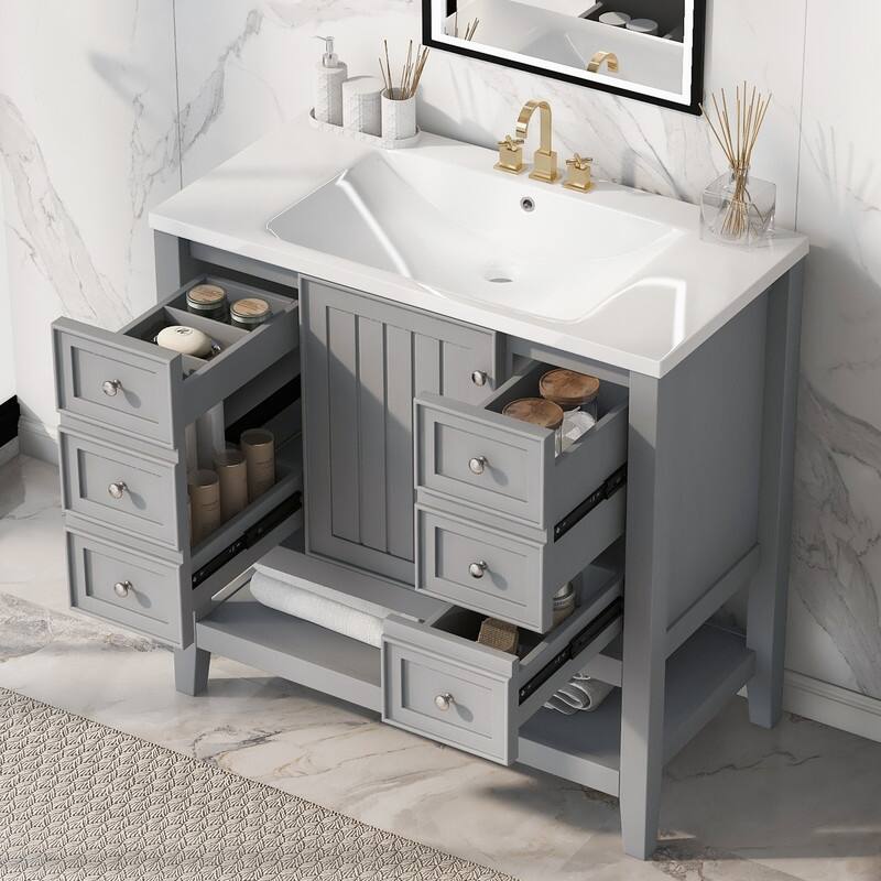 36" Bathroom Vanity with Sink, One Cabinet and Three Drawers, Solid Wood and MDF Board, Grey