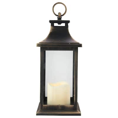 12.5" Black with Gold Brushing Candle Lantern with Flameless LED Cle