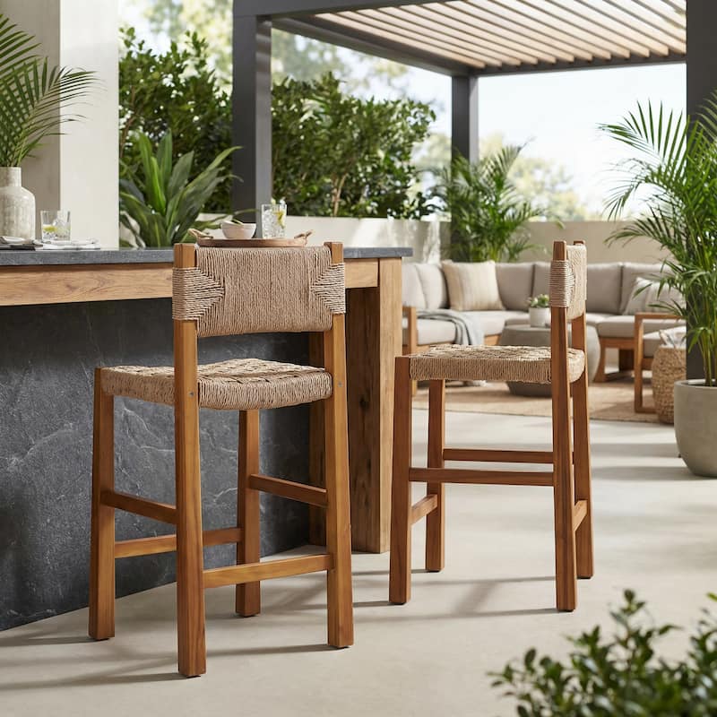 Christopher Knight Home - Modern Acacia Wood Outdoor Bar Stools with Teak Finish and Wicker Back Patio Chairs - Setof2 - Brown+Tight Weave Back