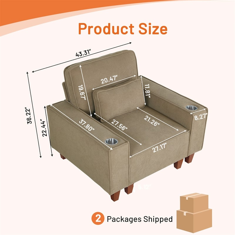 Modern Corduroy Sofa with 2 Pillows, Mid-Century Loveseat Couch with Square Arms for Livingroom