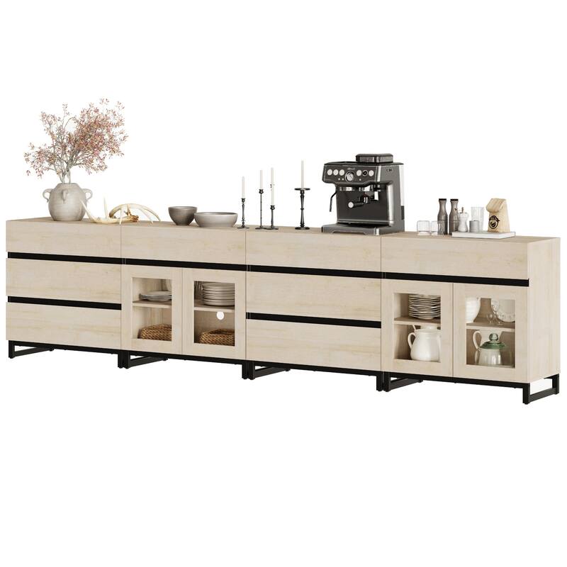 Modern 4 in 1 TV Stand for 120" TVs, Console with Glass Doors & 8 Drawers, Entertainment Center