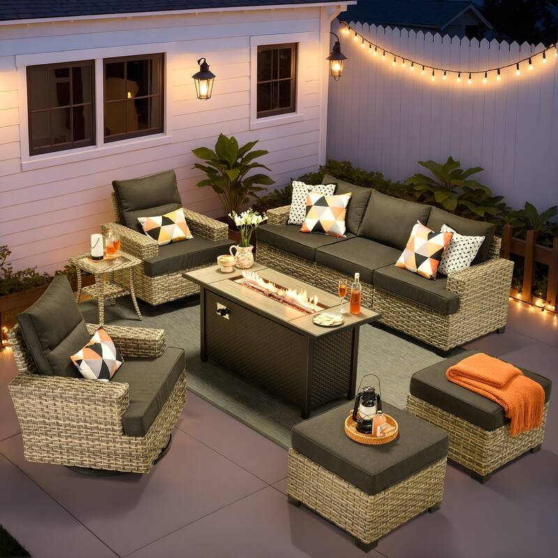 OVIOS 9-Piece T shaped Seat 54" Fire Table Swivel Chair Patio Conversation Set - Black
