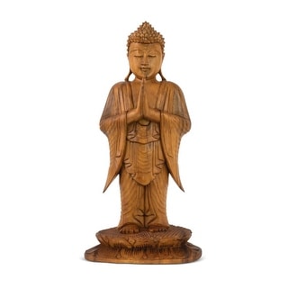 16" Wooden Hand Carved Serene Standing Buddha Statue Handmade Meditating Sculpture Figurine Home Decor Accent Handcrafted Gift
