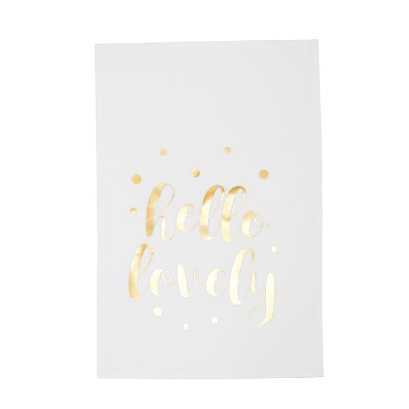 Gold Glamourous Glam "Hello Lovely" Printed Valentine's Day Kitchen Dishtowel