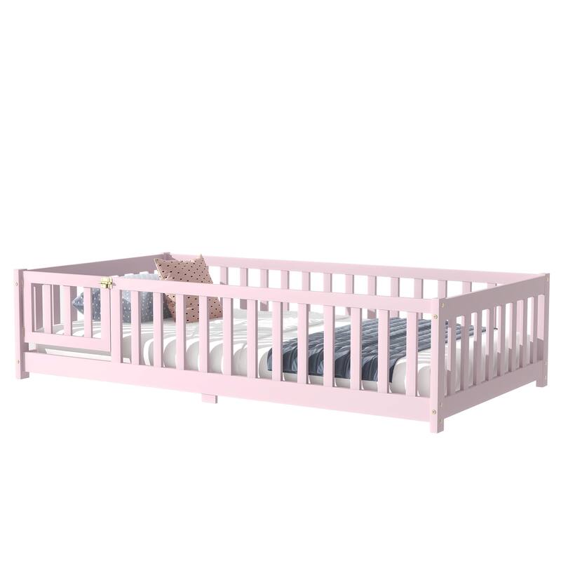 Toddler Floor Bed with Fence and Door, Montessori Platform Floorbed with Safety Guardrails for Children Boys Girls Kids Playroom
