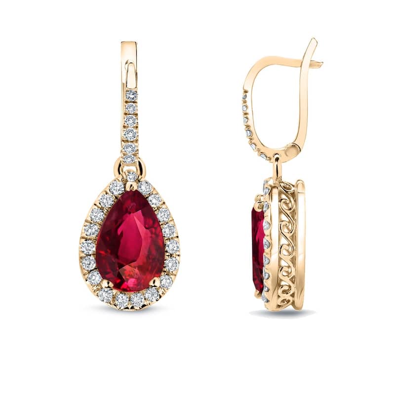 Auriya 14k Gold 2ct Pear-cut Red Ruby Halo Diamond Dangle Earrings 2/5ct TDW - Yellow
