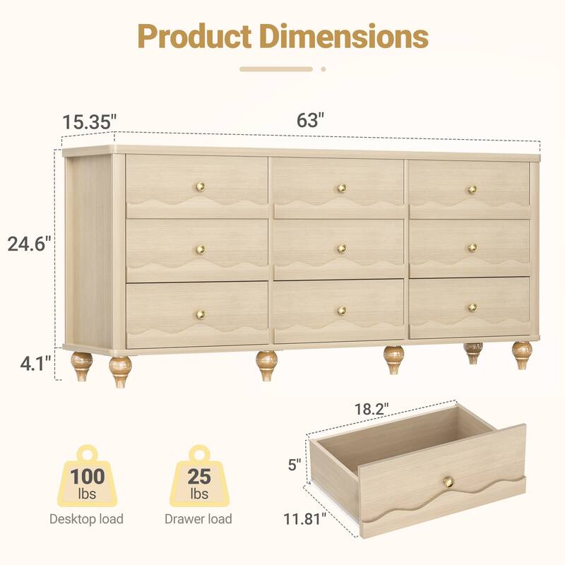 Modern 9-Drawer Dresser Closet Organizer, 63-In Chest of Drawers TV Stand