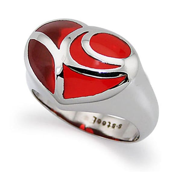 Ladies Heart Stainless Steel Ring w/ Red Resin Inlay