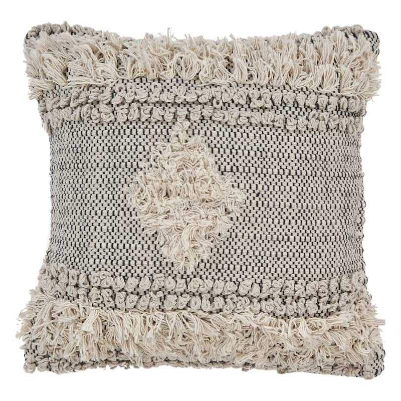 HomeRoots 20" X 20" Natural and Black Geometric Cotton Zippered Pillow With Fringe