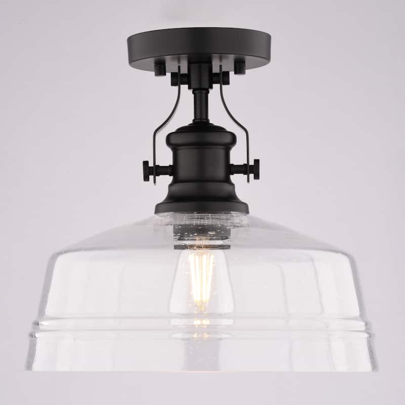 VAXCEL Beloit 1-Light 12 in. Wide Matte Black Farmhouse Dome Semi Flush Mount Lighting Fixture, Clear Seeded Glass Shade