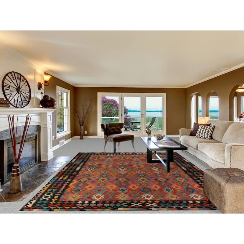 Geometric Kilim Area Rug Hand-Woven Wool Carpet - 8'8"x 11'8"