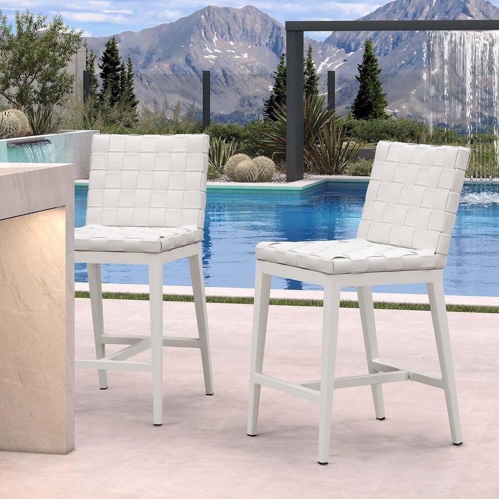 PURPLE LEAF Outdoor Counter Height Bar Stools Set of 2, PU Leather Patio Bar Set with Aluminum Frame