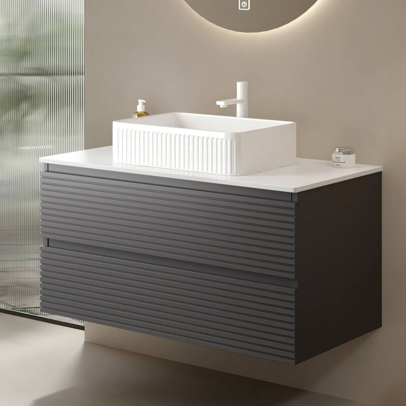 36-inch Wall-Mounted Plywood Bathroom Cabinet, Gray, 2 Drawers, Waterproof, Moisture Resistant, Assembly Required - 35.59 in W Plywood - Gray