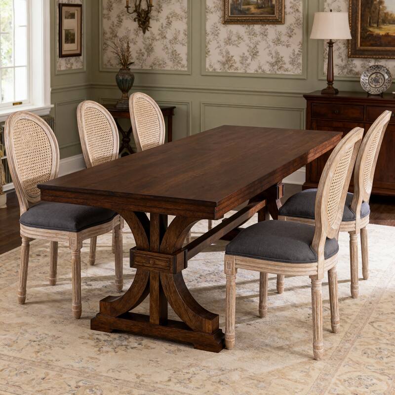 Dining Chairs Set of 2, Rattan Upholstered Vintage Farmhouse Fabric Chair, with Round Backrest and Solid Wood Legs