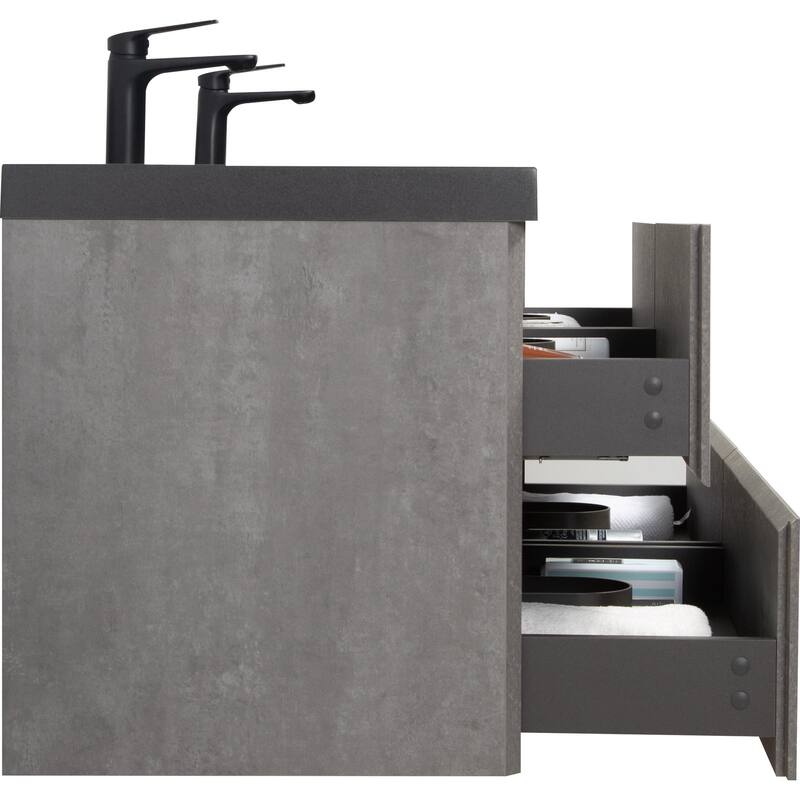 GDFStudio - Carter Floating Bathroom Vanity with Black Quartz Sand Countertops & Soft-Close Drawers