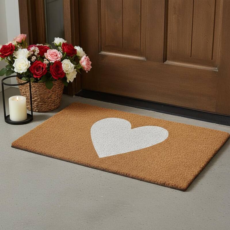 HomeRoots 20" X 34" Brown And White Heart Outdoor Coir Door Mat - 20.00' X '34.00 - 20.00' X '34.00