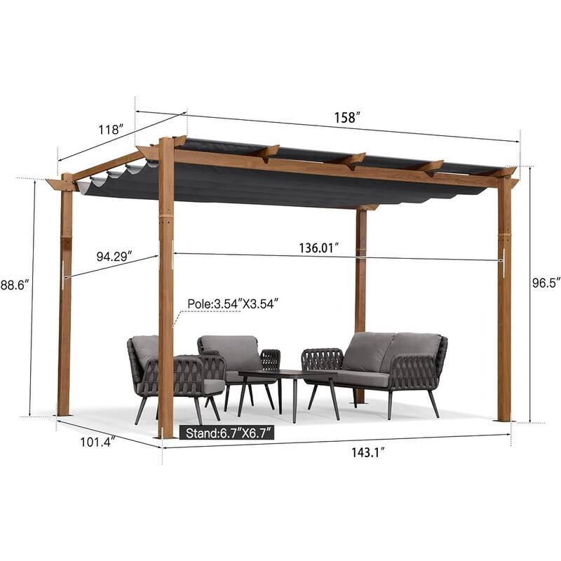 PURPLE LEAF Gazebo Wood Grain Metal Frame Pergola with Extra Top Roof for Patio