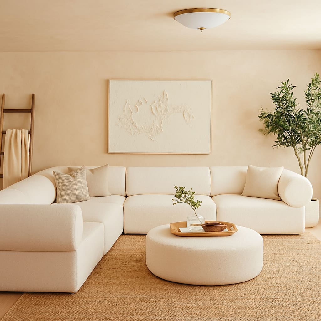 Zey 5pc Modular Corner L Sectional Sofa, Ivory Sherpa Fabric, 120 Inch