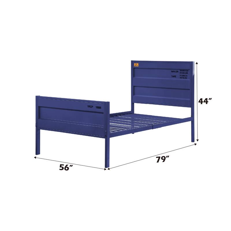 Full Size Cargo Blue Metal Bed with Recessed Panels and Container Style Design