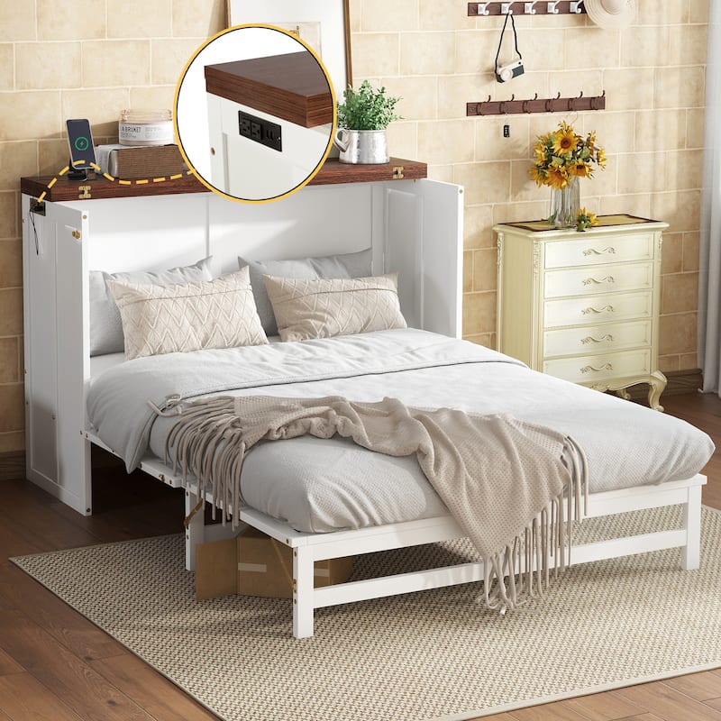 Murphy Bed Cabinet Full with Storage Drawer and Charging Station, USB Port, Solid Pine Murphy Bedframe for Home Office